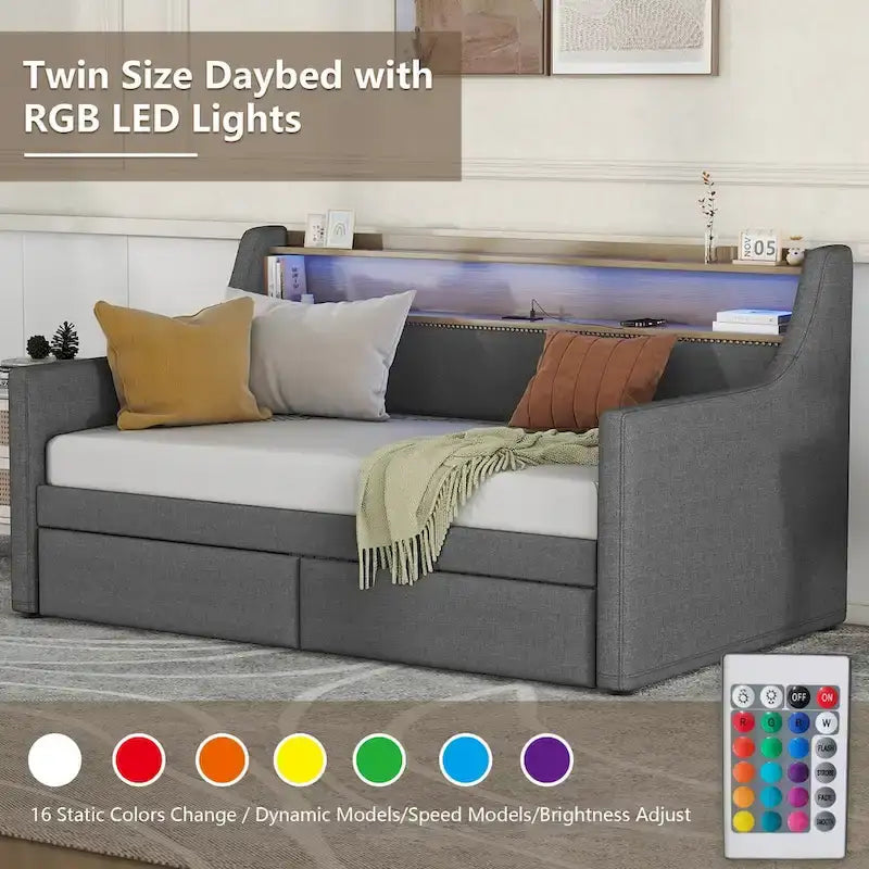 Letto Divano a Una Piazza Imbottito in Similpelle Bianca / Beige / Grigia – Cassetto Contenitore, Stazione di Ricarica e Luci a LED