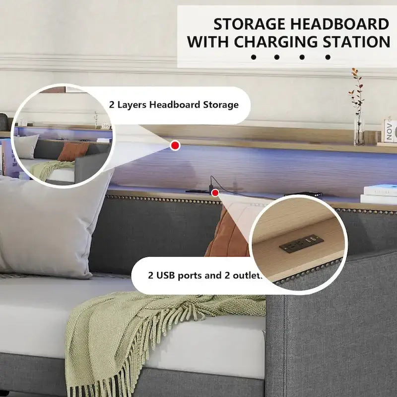Letto Divano a Una Piazza Imbottito in Similpelle Bianca / Beige / Grigia – Cassetto Contenitore, Stazione di Ricarica e Luci a LED