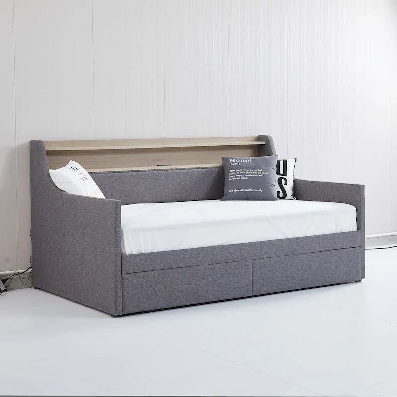 Letto Divano a Una Piazza Imbottito in Similpelle Bianca / Beige / Grigia – Cassetto Contenitore, Stazione di Ricarica e Luci a LED