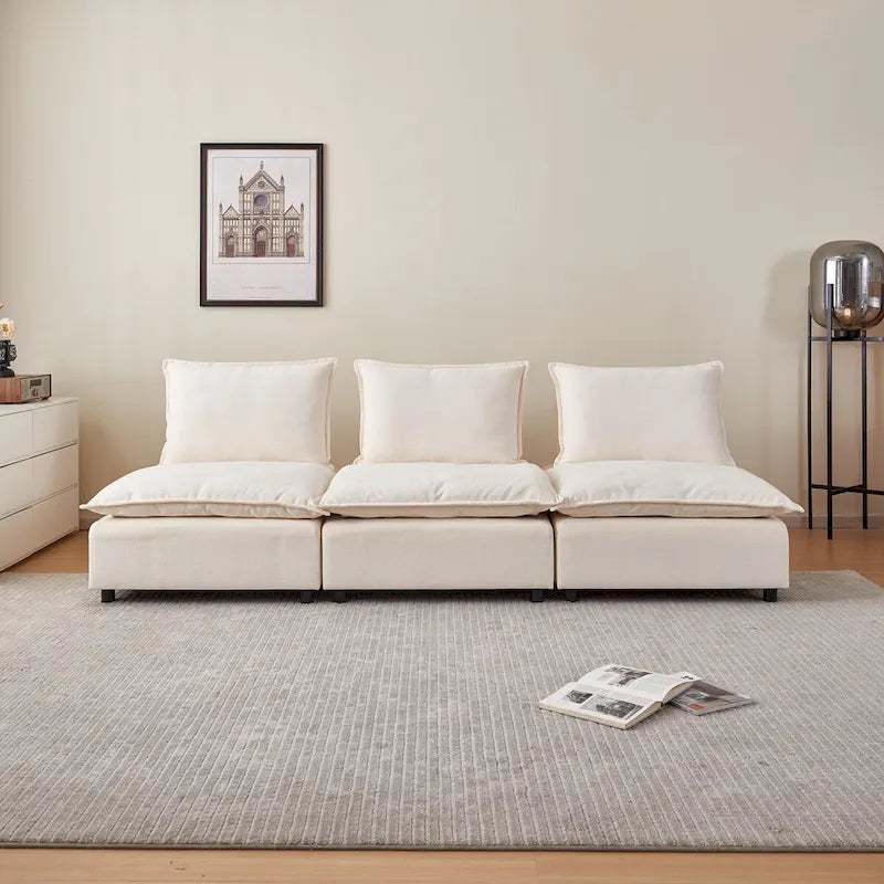 Poltrona senza braccioli in ciniglia con pouf, seduta singola – Arancione / Grigio / Verde / Beige