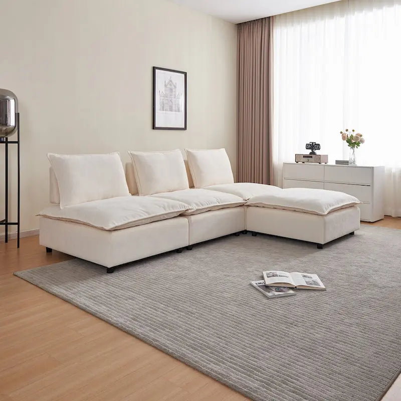 Poltrona senza braccioli in ciniglia con pouf, seduta singola – Arancione / Grigio / Verde / Beige