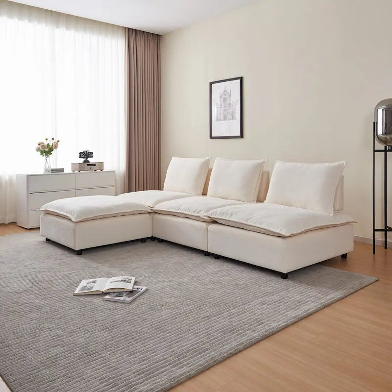 Poltrona senza braccioli in ciniglia con pouf, seduta singola – Arancione / Grigio / Verde / Beige