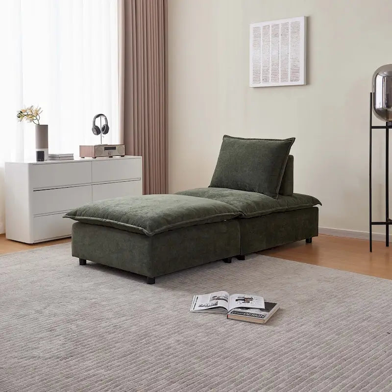 Poltrona senza braccioli in ciniglia con pouf, seduta singola – Arancione / Grigio / Verde / Beige