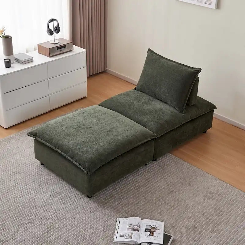 Poltrona senza braccioli in ciniglia con pouf, seduta singola – Arancione / Grigio / Verde / Beige