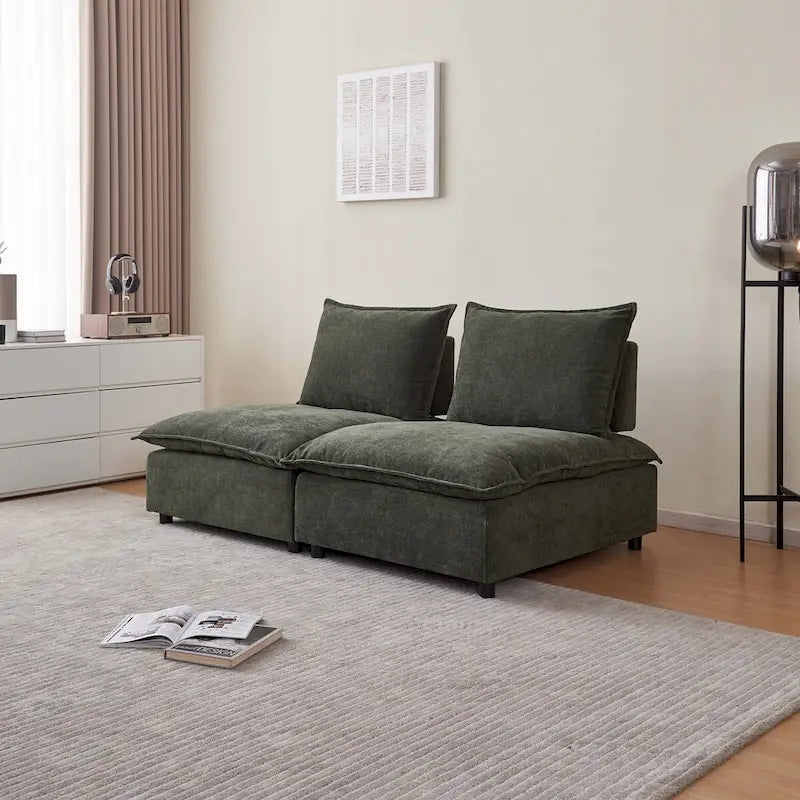 Poltrona senza braccioli in ciniglia con pouf, seduta singola – Arancione / Grigio / Verde / Beige