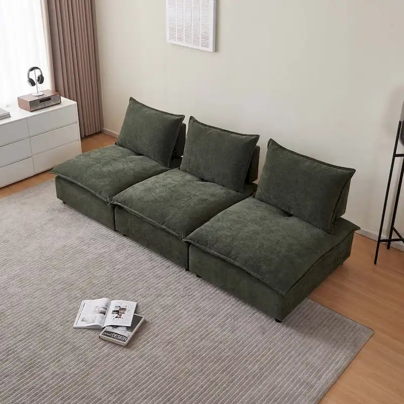 Poltrona senza braccioli in ciniglia con pouf, seduta singola – Arancione / Grigio / Verde / Beige