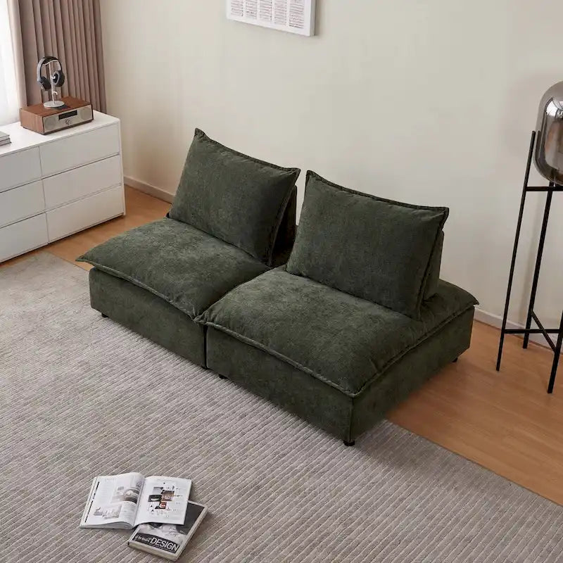 Poltrona senza braccioli in ciniglia con pouf, seduta singola – Arancione / Grigio / Verde / Beige