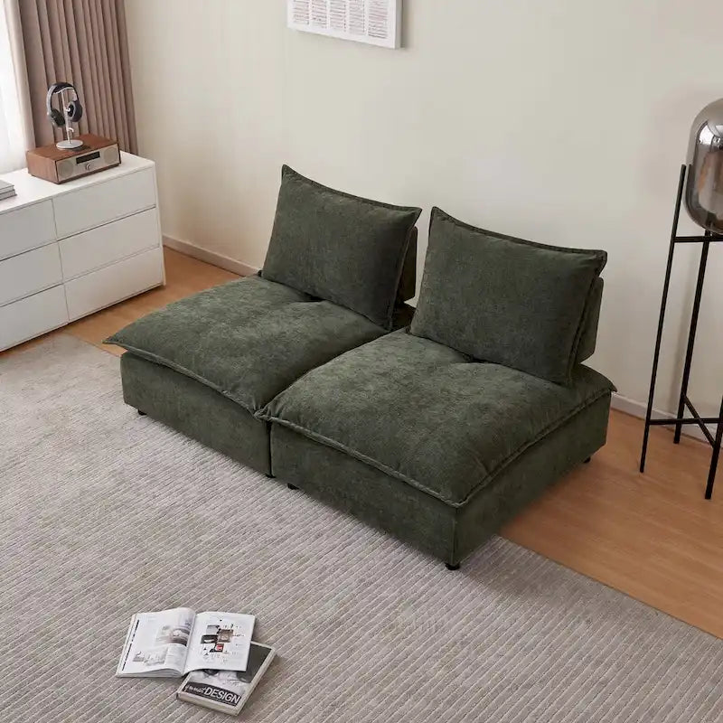 Poltrona senza braccioli in ciniglia con pouf, seduta singola – Arancione / Grigio / Verde / Beige