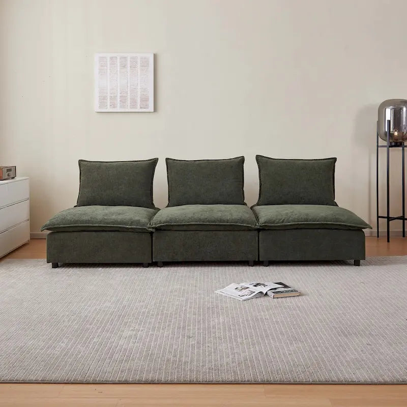 Poltrona senza braccioli in ciniglia con pouf, seduta singola – Arancione / Grigio / Verde / Beige