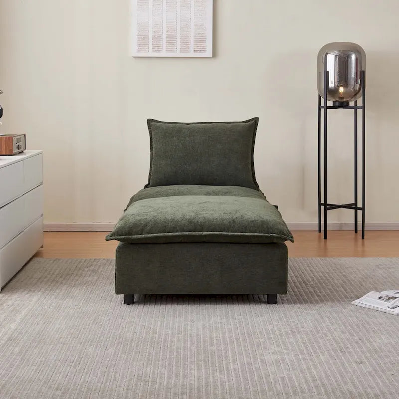 Poltrona senza braccioli in ciniglia con pouf, seduta singola – Arancione / Grigio / Verde / Beige