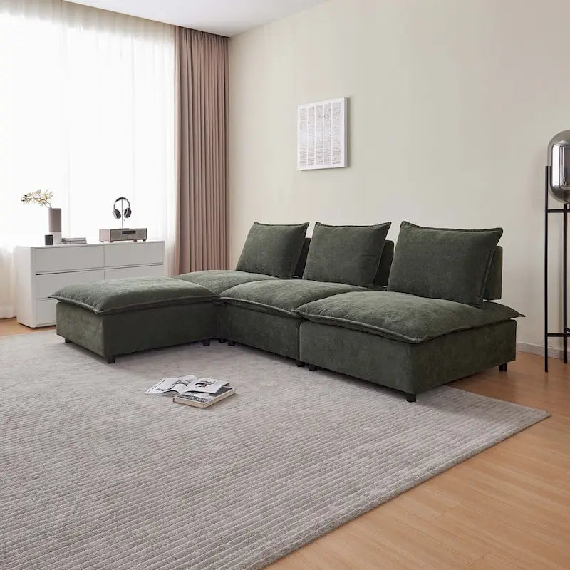 Poltrona senza braccioli in ciniglia con pouf, seduta singola – Arancione / Grigio / Verde / Beige