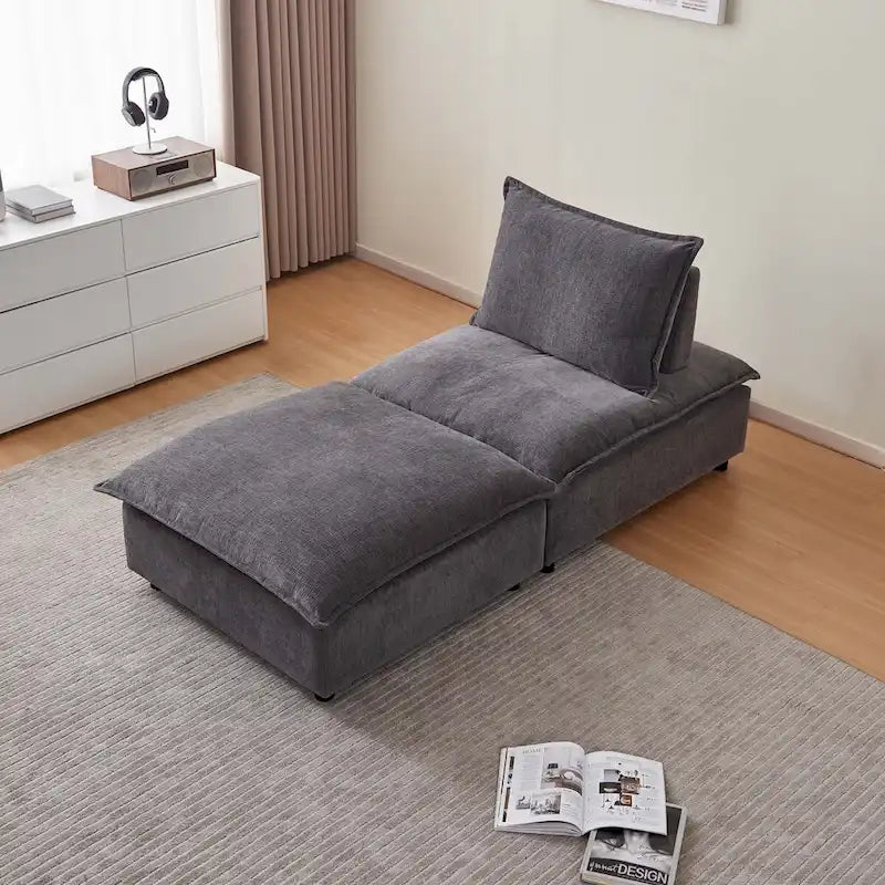 Poltrona senza braccioli in ciniglia con pouf, seduta singola – Arancione / Grigio / Verde / Beige