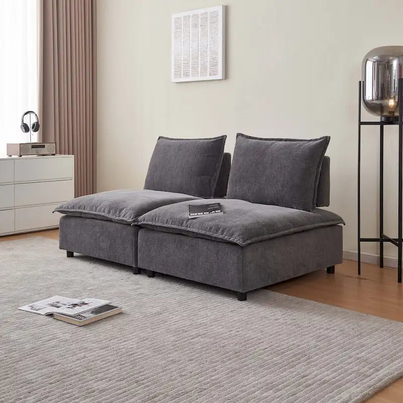 Poltrona senza braccioli in ciniglia con pouf, seduta singola – Arancione / Grigio / Verde / Beige