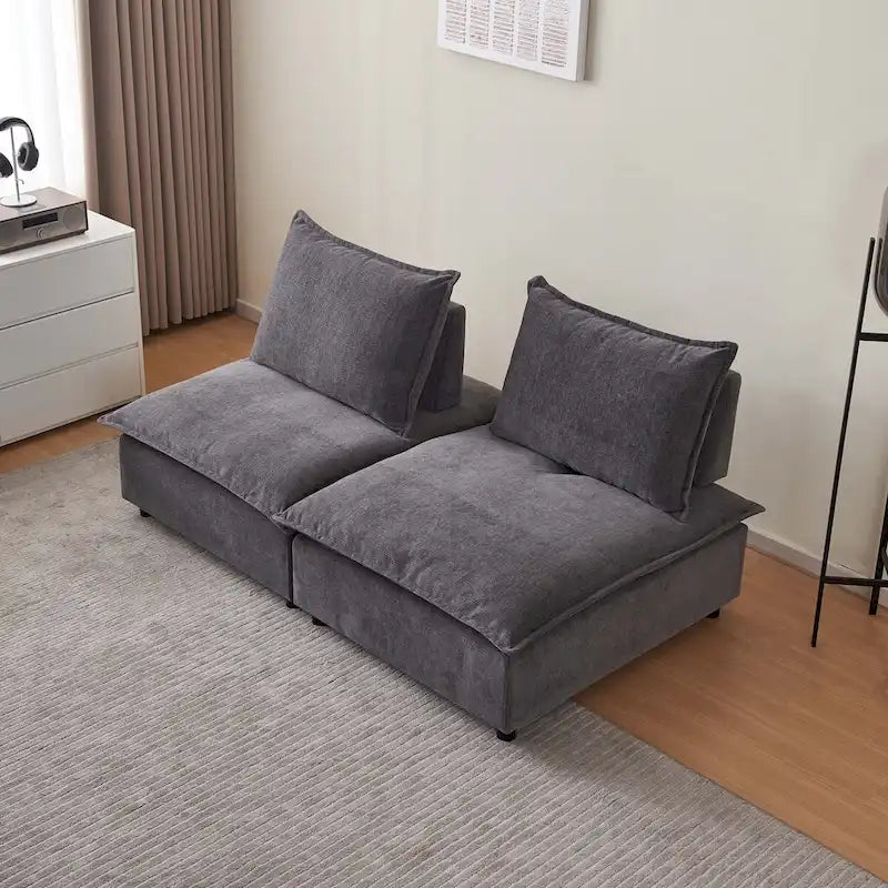 Poltrona senza braccioli in ciniglia con pouf, seduta singola – Arancione / Grigio / Verde / Beige