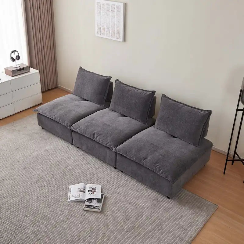 Poltrona senza braccioli in ciniglia con pouf, seduta singola – Arancione / Grigio / Verde / Beige
