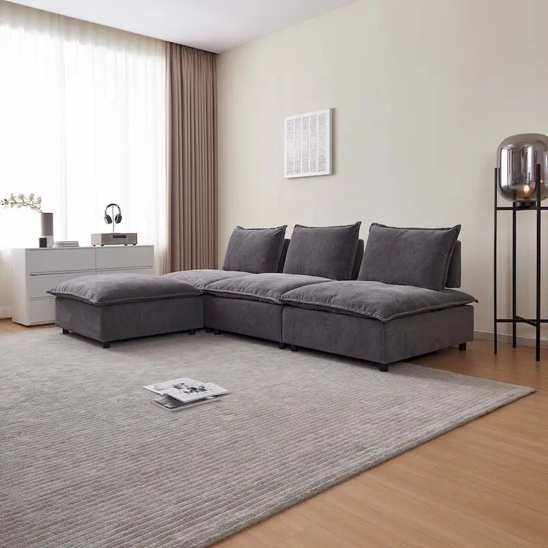 Poltrona senza braccioli in ciniglia con pouf, seduta singola – Arancione / Grigio / Verde / Beige