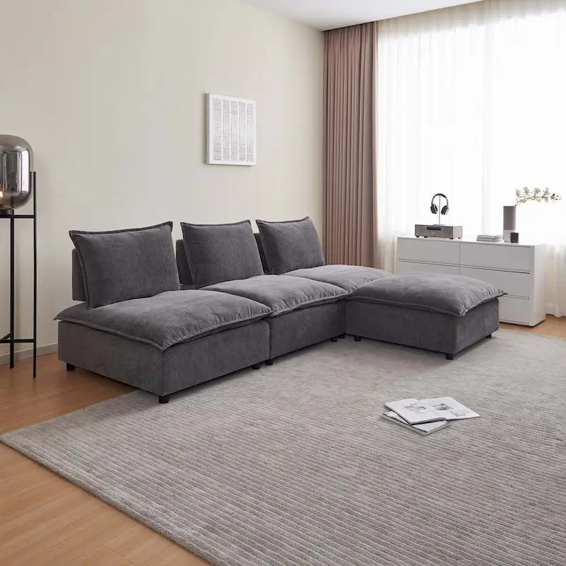 Poltrona senza braccioli in ciniglia con pouf, seduta singola – Arancione / Grigio / Verde / Beige