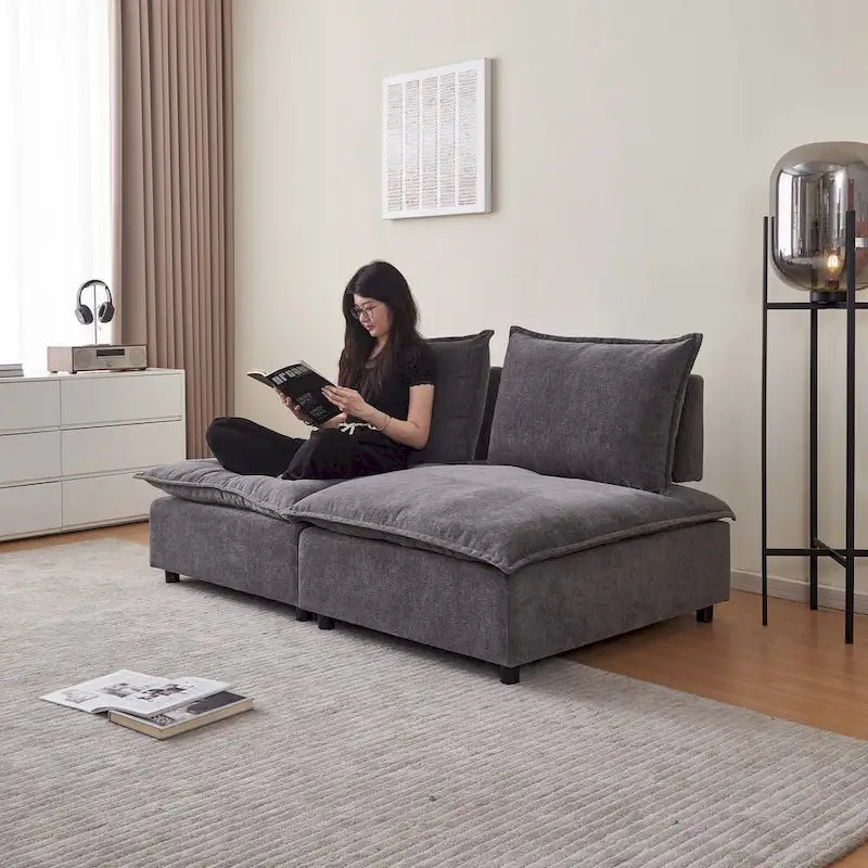 Poltrona senza braccioli in ciniglia con pouf, seduta singola – Arancione / Grigio / Verde / Beige