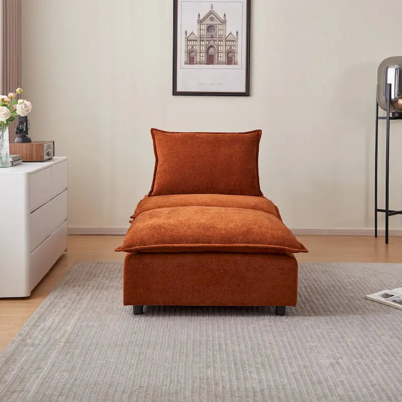 Poltrona senza braccioli in ciniglia con pouf, seduta singola – Arancione / Grigio / Verde / Beige