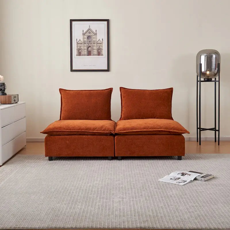 Poltrona senza braccioli in ciniglia con pouf, seduta singola – Arancione / Grigio / Verde / Beige
