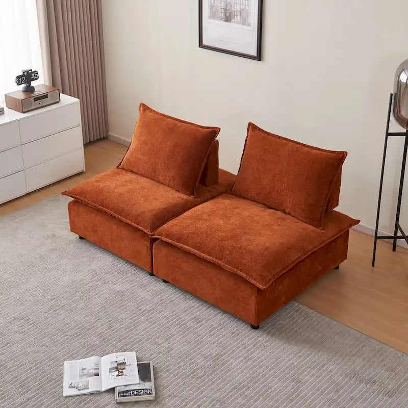 Poltrona senza braccioli in ciniglia con pouf, seduta singola – Arancione / Grigio / Verde / Beige