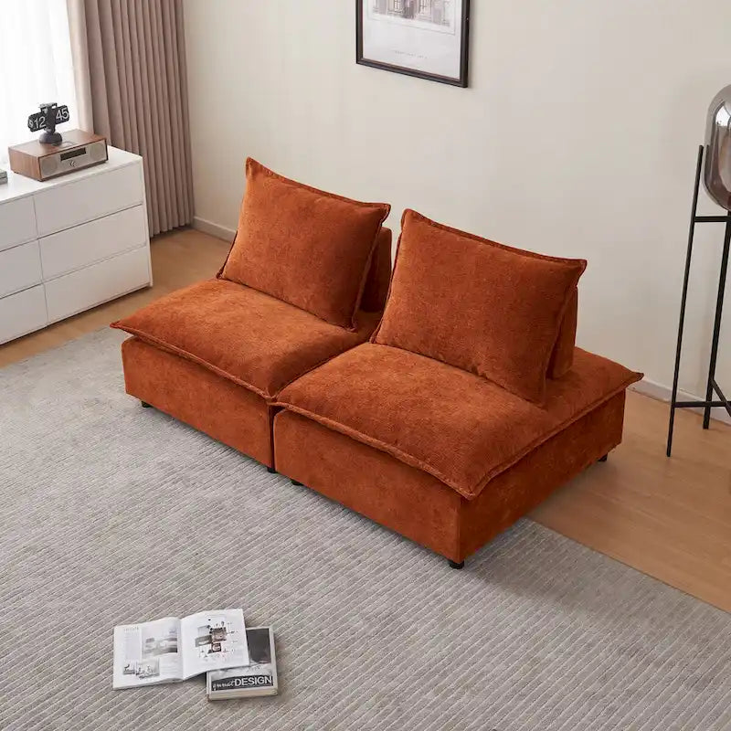 Poltrona senza braccioli in ciniglia con pouf, seduta singola – Arancione / Grigio / Verde / Beige