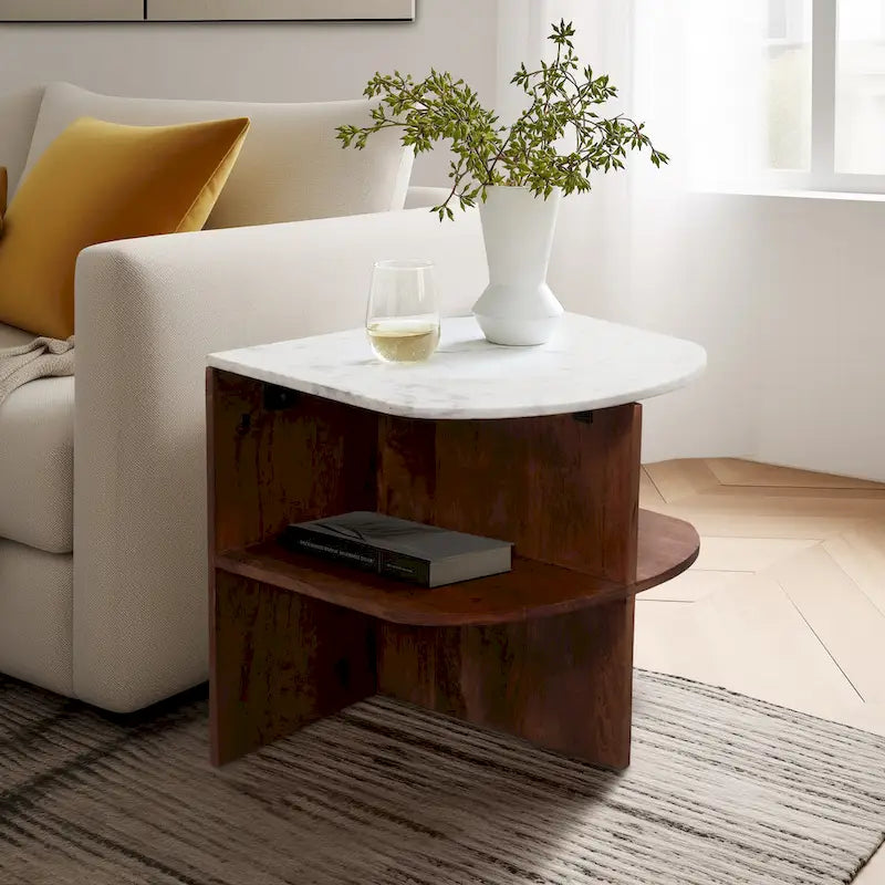 Sagebrook Home Modern Neutral Wood/Marble Brown 20  Half Round Side Accent Table - 20  x 20  x 20  - 20  x 20  x 20 