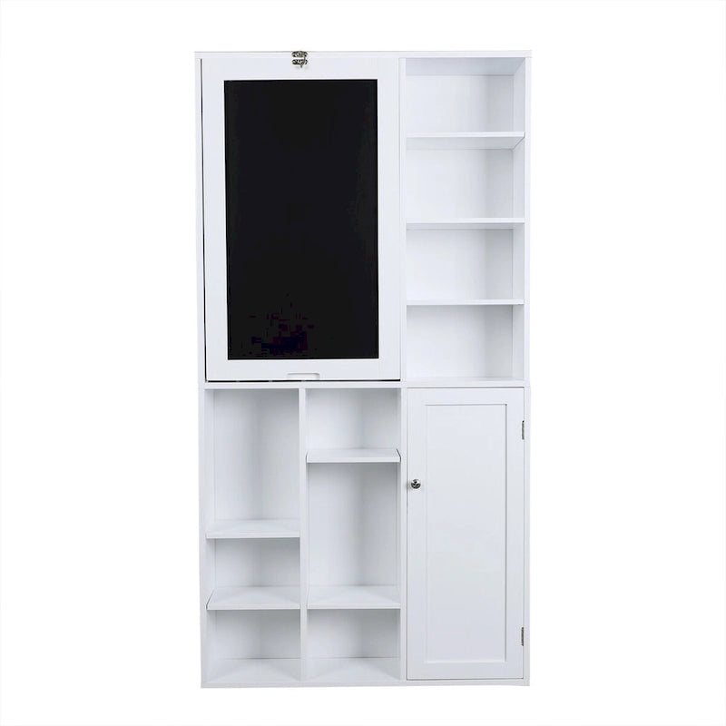 Scrivania a Muro Pieghevole Bianca con Lavagna e Mobile Contenitore, 1 Persona, 60×31.2cm