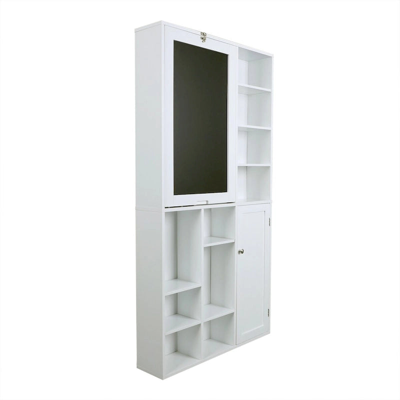 Scrivania a Muro Pieghevole Bianca con Lavagna e Mobile Contenitore, 1 Persona, 60×31.2cm