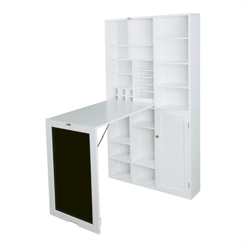 Scrivania a Muro Pieghevole Bianca con Lavagna e Mobile Contenitore, 1 Persona, 60×31.2cm