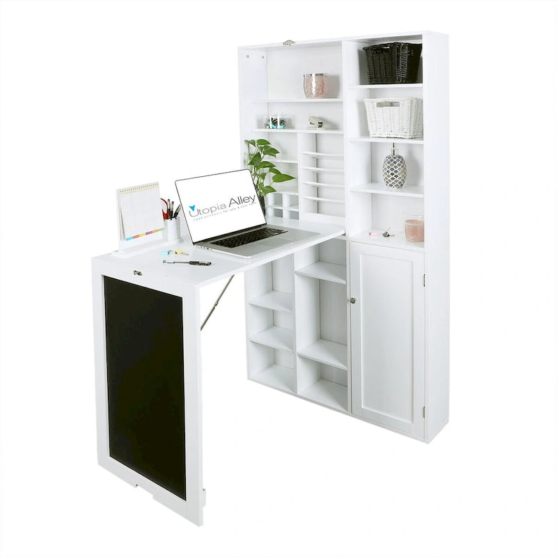 Scrivania a Muro Pieghevole Bianca con Lavagna e Mobile Contenitore, 1 Persona, 60×31.2cm