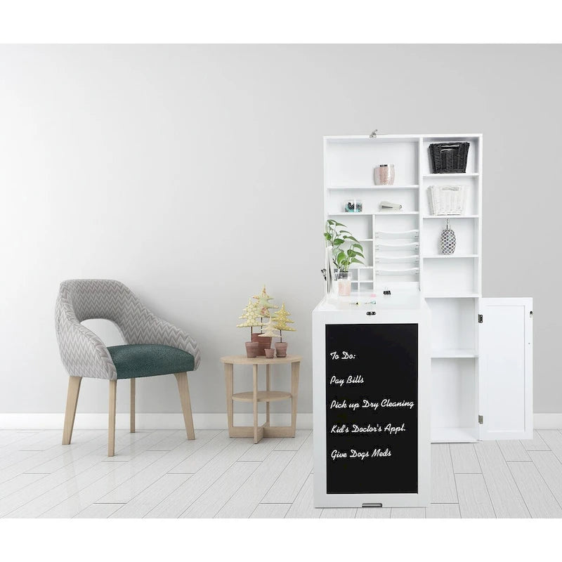 Scrivania a Muro Pieghevole Bianca con Lavagna e Mobile Contenitore, 1 Persona, 60×31.2cm