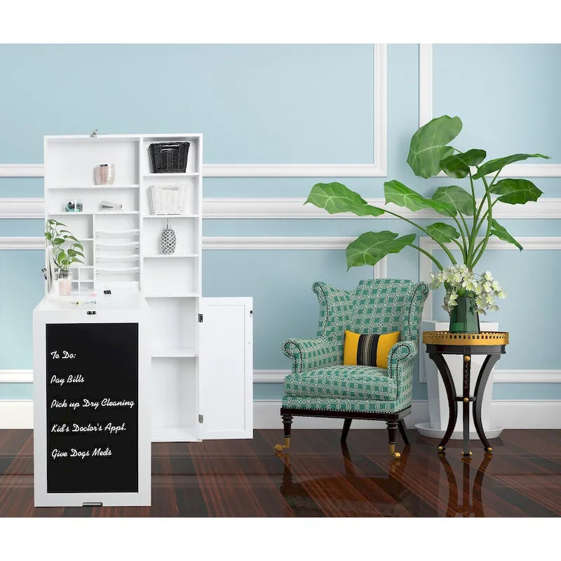 Scrivania a Muro Pieghevole Bianca con Lavagna e Mobile Contenitore, 1 Persona, 60×31.2cm