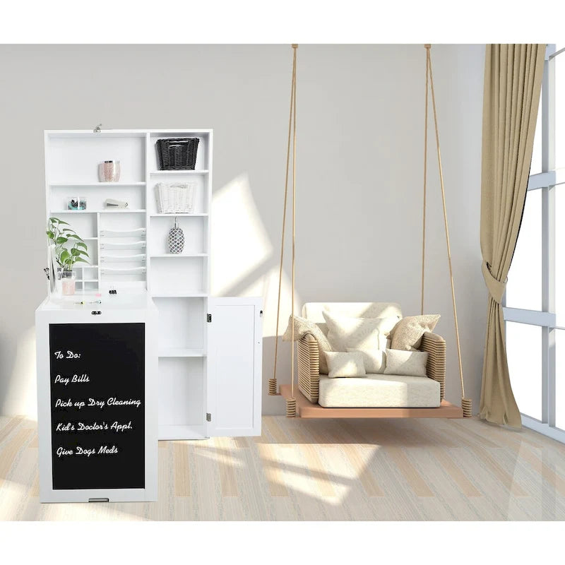 Scrivania a Muro Pieghevole Bianca con Lavagna e Mobile Contenitore, 1 Persona, 60×31.2cm