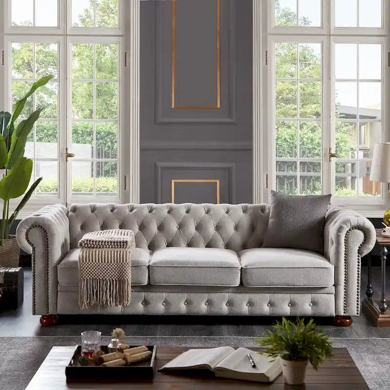 Divano Chesterfield Grigio Chiaro, Tessuto in Lino, 3 Posti