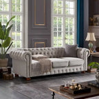 Divano Chesterfield Grigio Chiaro, Tessuto in Lino, 3 Posti