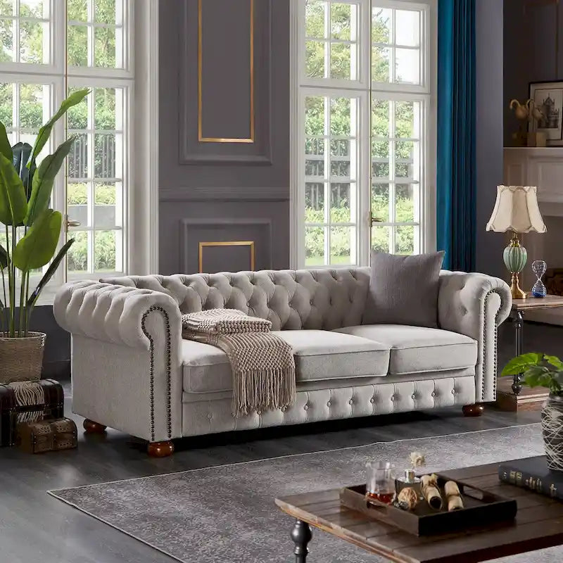 Divano Chesterfield Grigio Chiaro, Tessuto in Lino, 3 Posti
