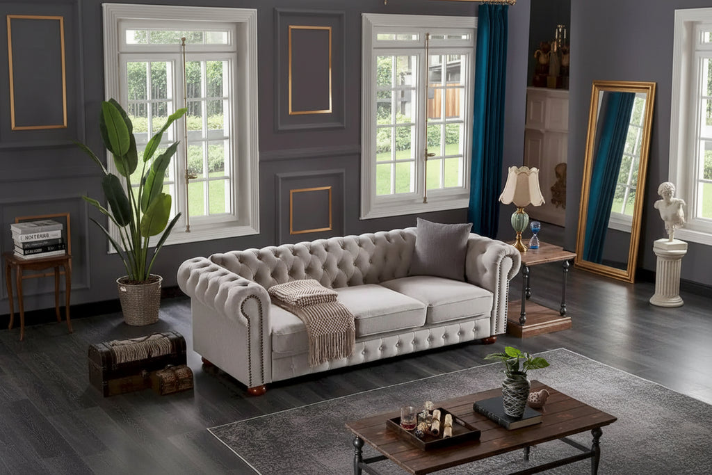 Divano Chesterfield Grigio Chiaro, Tessuto in Lino, 3 Posti