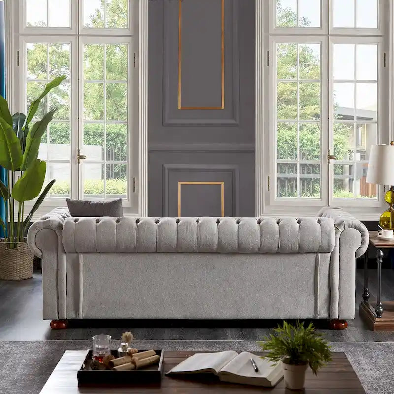 Divano Chesterfield Grigio Chiaro, Tessuto in Lino, 3 Posti