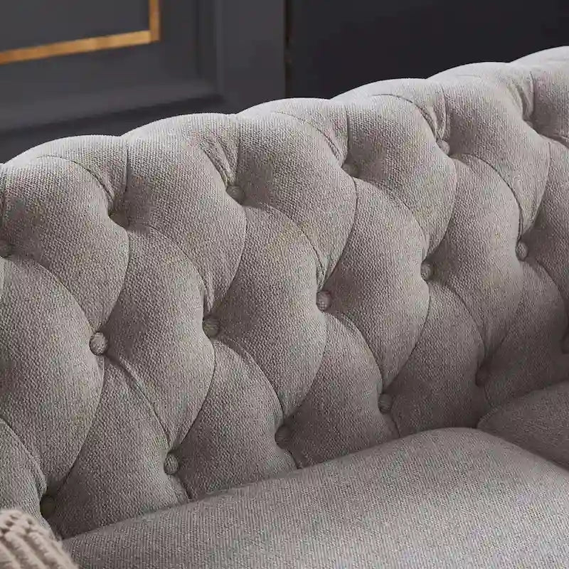 Divano Chesterfield Grigio Chiaro, Tessuto in Lino, 3 Posti