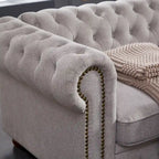Divano Chesterfield Grigio Chiaro, Tessuto in Lino, 3 Posti