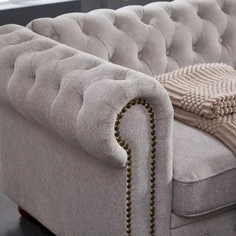 Divano Chesterfield Grigio Chiaro, Tessuto in Lino, 3 Posti