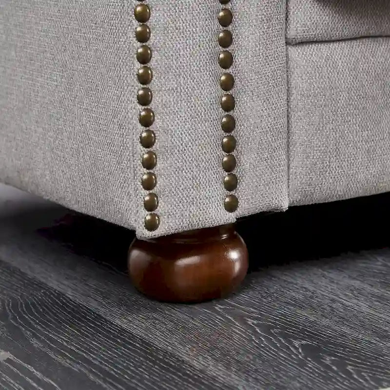 Divano Chesterfield Grigio Chiaro, Tessuto in Lino, 3 Posti
