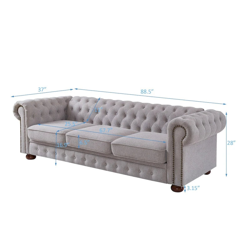 Divano Chesterfield Grigio Chiaro, Tessuto in Lino, 3 Posti