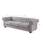 Divano Chesterfield Grigio Chiaro, Tessuto in Lino, 3 Posti