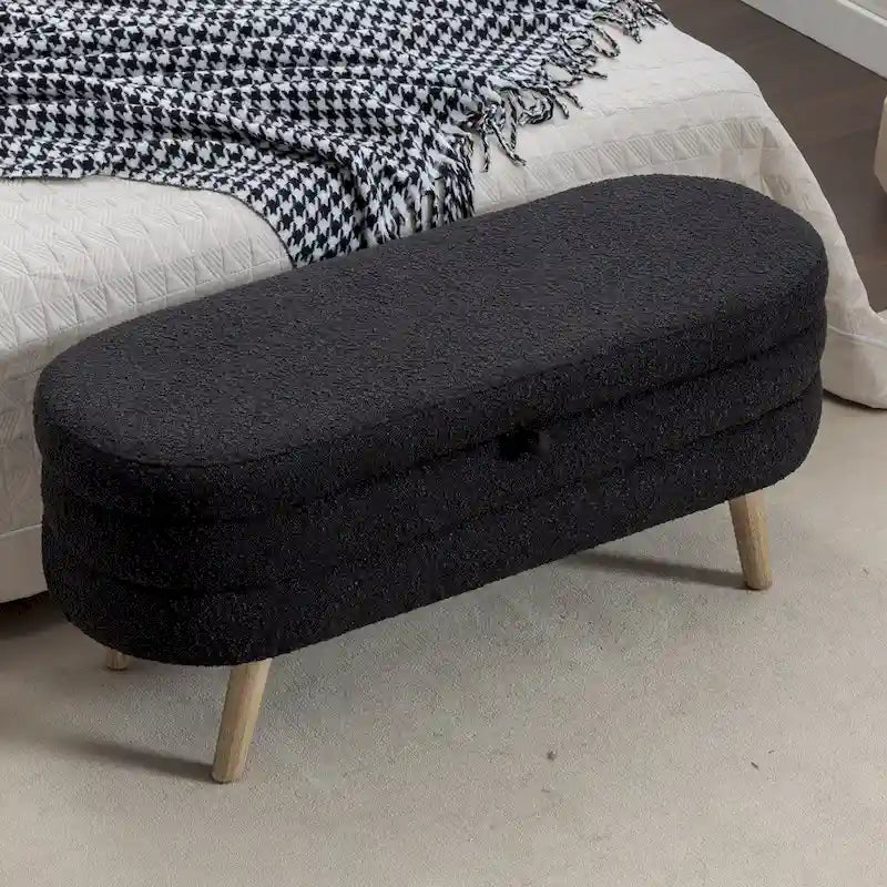 Panca Contenitore in Tessuto Bouclé, Gambe in Legno, 1 Posto | Nero