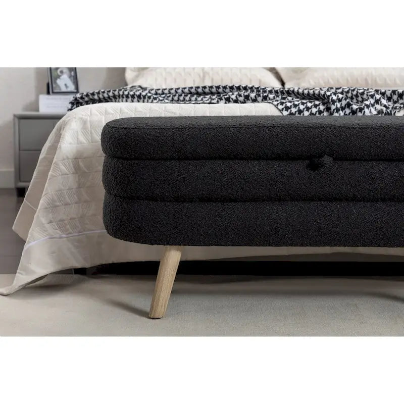 Panca Contenitore in Tessuto Bouclé, Gambe in Legno, 1 Posto | Nero