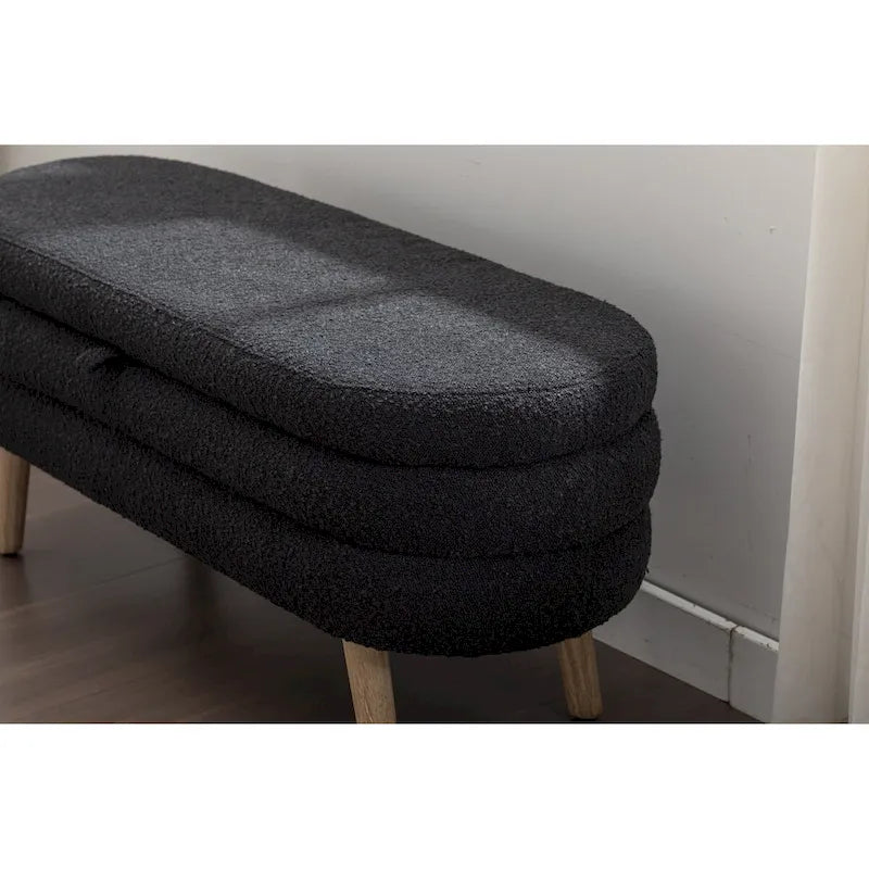 Panca Contenitore in Tessuto Bouclé, Gambe in Legno, 1 Posto | Nero