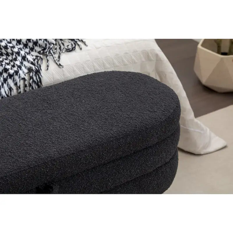 Panca Contenitore in Tessuto Bouclé, Gambe in Legno, 1 Posto | Nero