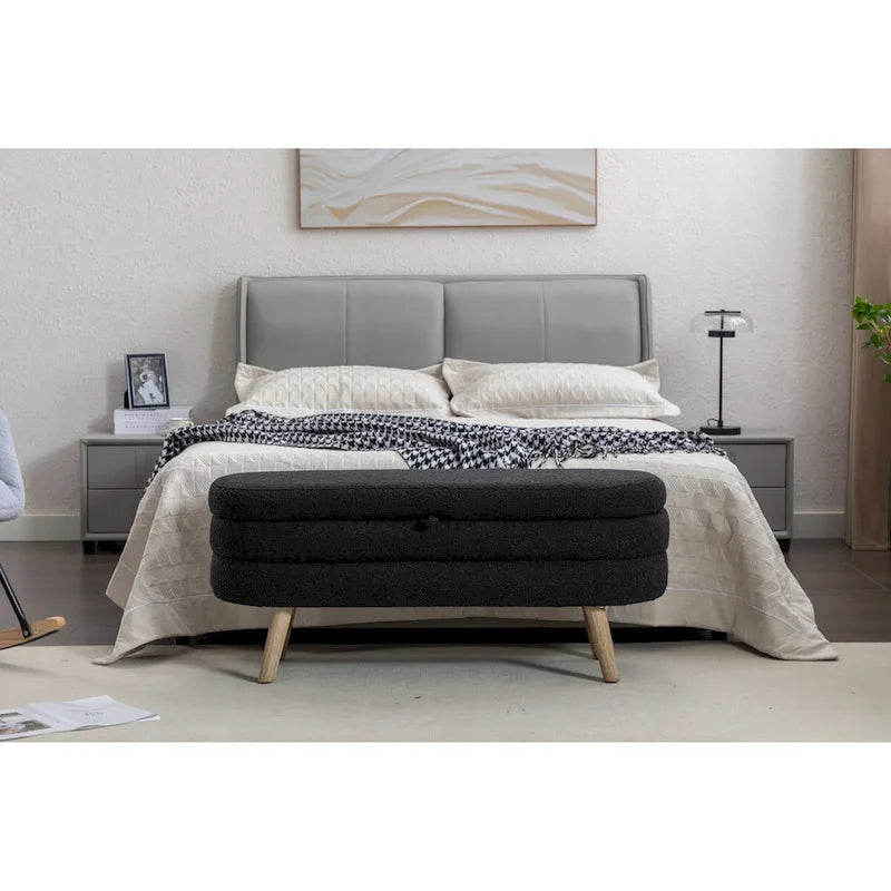 Panca Contenitore in Tessuto Bouclé, Gambe in Legno, 1 Posto | Nero